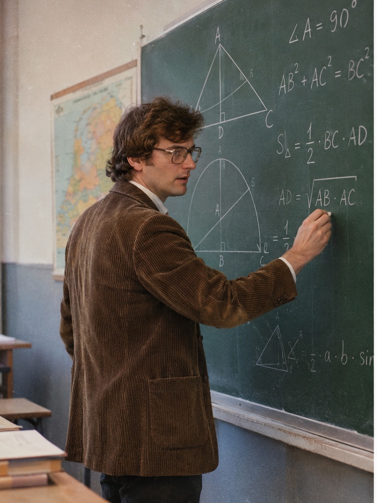 Zwart-wit archieffoto van een klassieke wiskundeles met een leraar bij een krijtbord vol formules