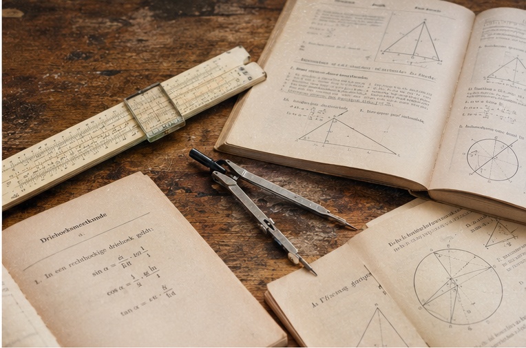 Archieffoto van analoge meetinstrumenten en een klassieke rekenliniaal op een houten werktafel